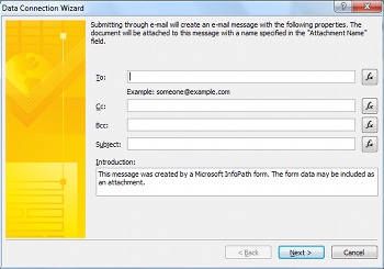 Email submit connection fields for recipients, subject, and introduction