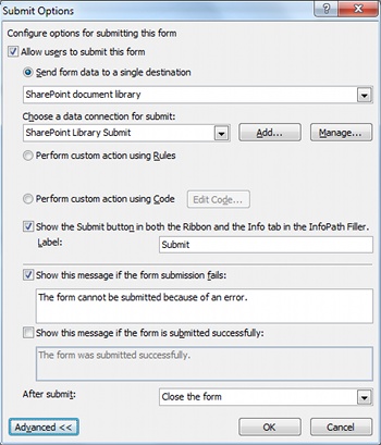 Submit Options dialog configured for a SharePoint library connection