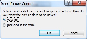 Insert Picture Control dialog with As a link selected