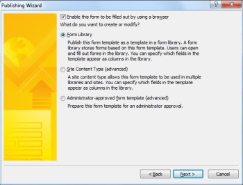 Publishing Wizard with Form Library selected