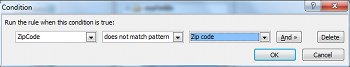 Condition dialog with a ZIP Code rule