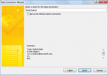 Data Connection Wizard summary for an email submit connection