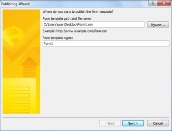 Publishing Wizard fields for a network location and form template name
