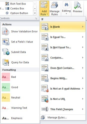 Add Rule menu with formatting conditions and styles