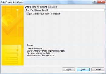 Data Connection Wizard summary for a SharePoint library submit connection
