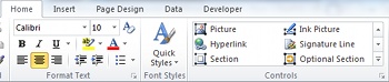 InfoPath ribbon showing Picture, Ink Picture, Hyperlink, and Section controls