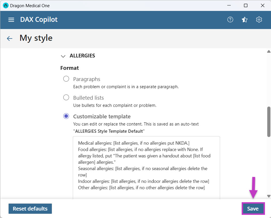 Customizable template selected and saved highlighted