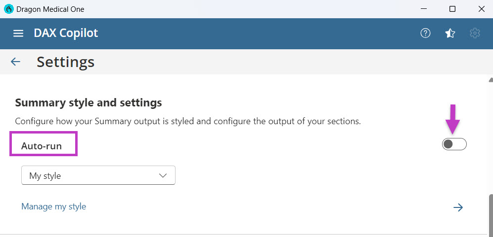 Image shows Summary style and settings page highlighted with Auto-run option enabled using a radio button