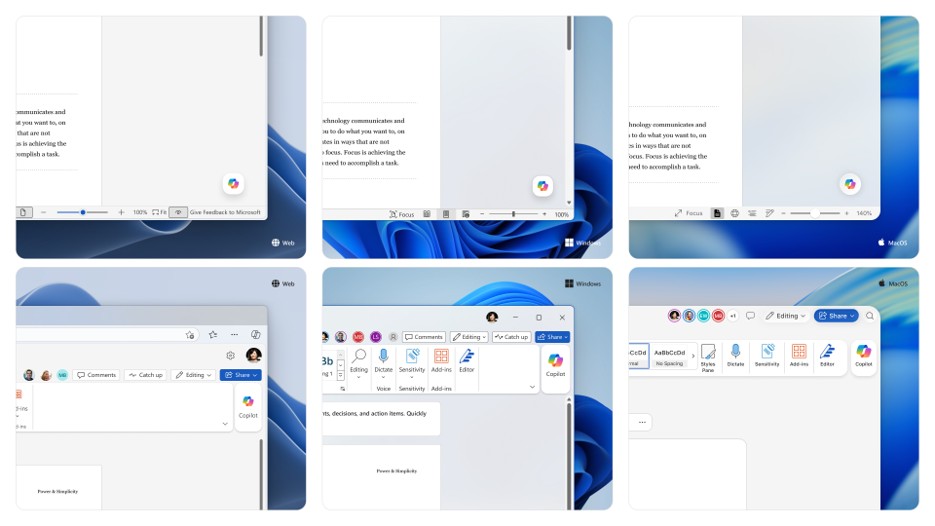 Six screenshots showing Copilot button locations in Word on Windows and macOS.