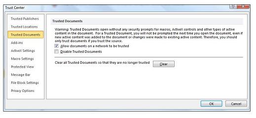 Trust Center Trusted Documents settings