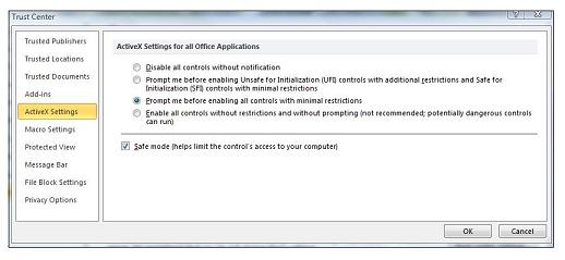 Screenshot that shows the ActiveX Settings area.