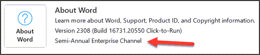 Semi-Annual Enterprise Channel indication in About Word area of Product Information section.