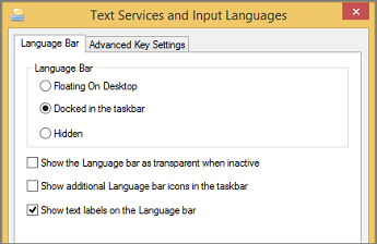 Text Services and Input Languages dialog with Language Bar options
