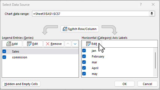 Select data source dialog, edit axis labels selected.