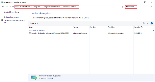 Image of the installed updates dialog