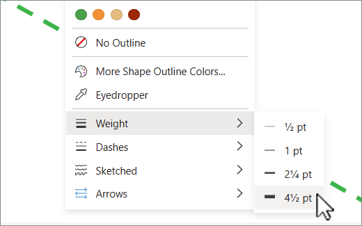 On the Shape tab, under Shape Outline, you can use the Weight options to change the thickness of the selected line.