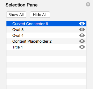 Shows the Selection Pane in PowerPoint 2016 for Mac
