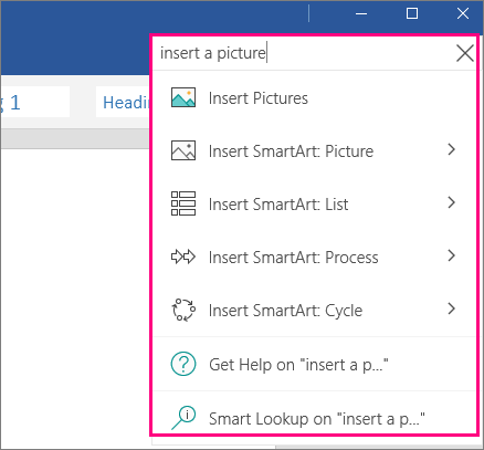 Shows the Tell Me box with a query populated in Word Mobile