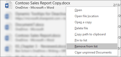 The context menu that you see when you right-click a file in the Recent Files list