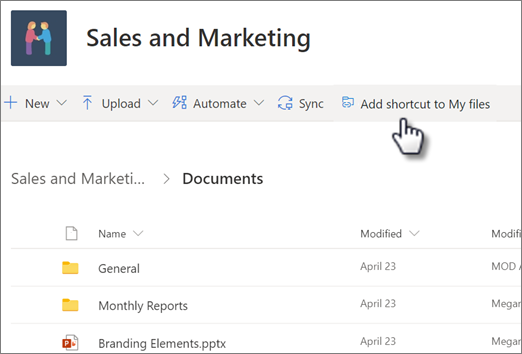 Screenshot of adding a shortcut to your OneDrive from a shared library
