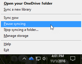 A screenshot of the previous OneDrive for Business menu with Pause syncing selected.