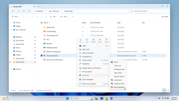 Screenshot of the File Explorer context menu with the OneDrive submenu open and Ask a question selected for a file.
