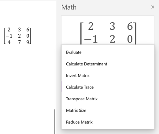 Three by three matrix with matrix calculation actions
