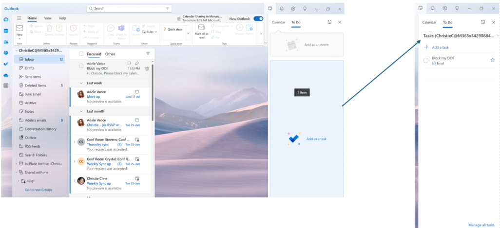 Screenshot shows drag and drop emails to create tasks
