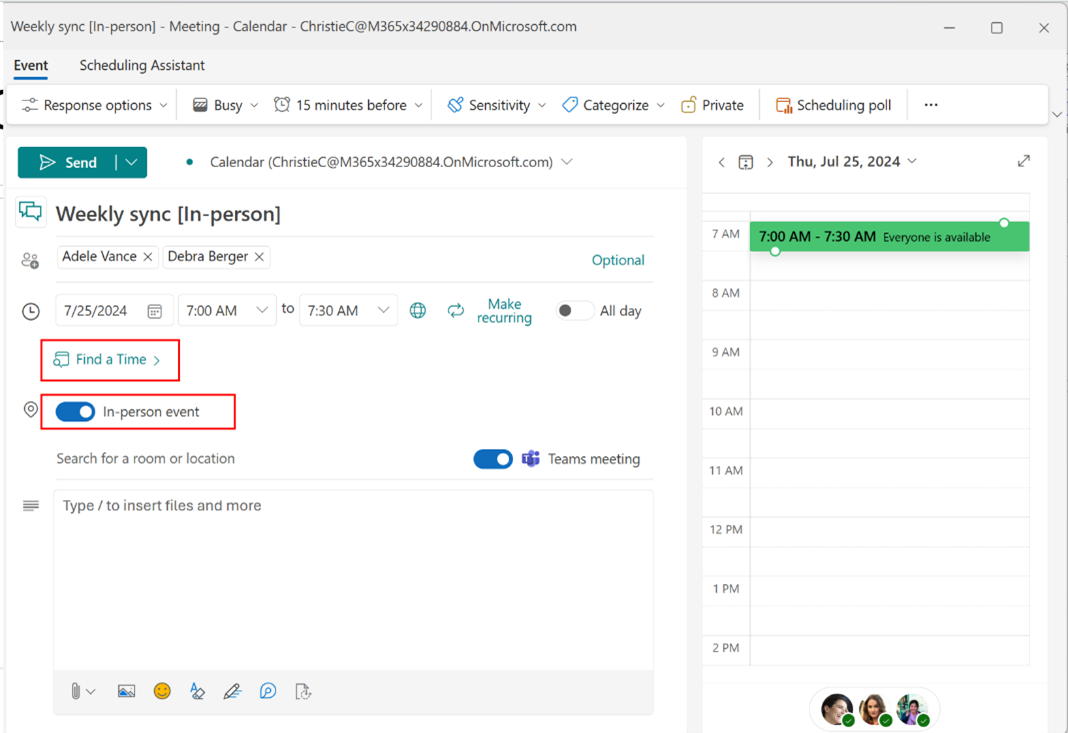 screenshot shows find a time option when scheduling a meeting in new Outlook