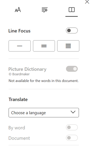 Reading Preferences pane with Translate language, By word, and Document options.