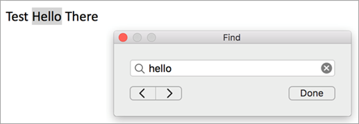 Shows search results in the Find dialog box and the first instance of the search term highlighted in the Outlook item