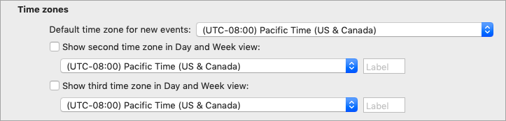 Shows Second and Third time zone in Calendar Preferences