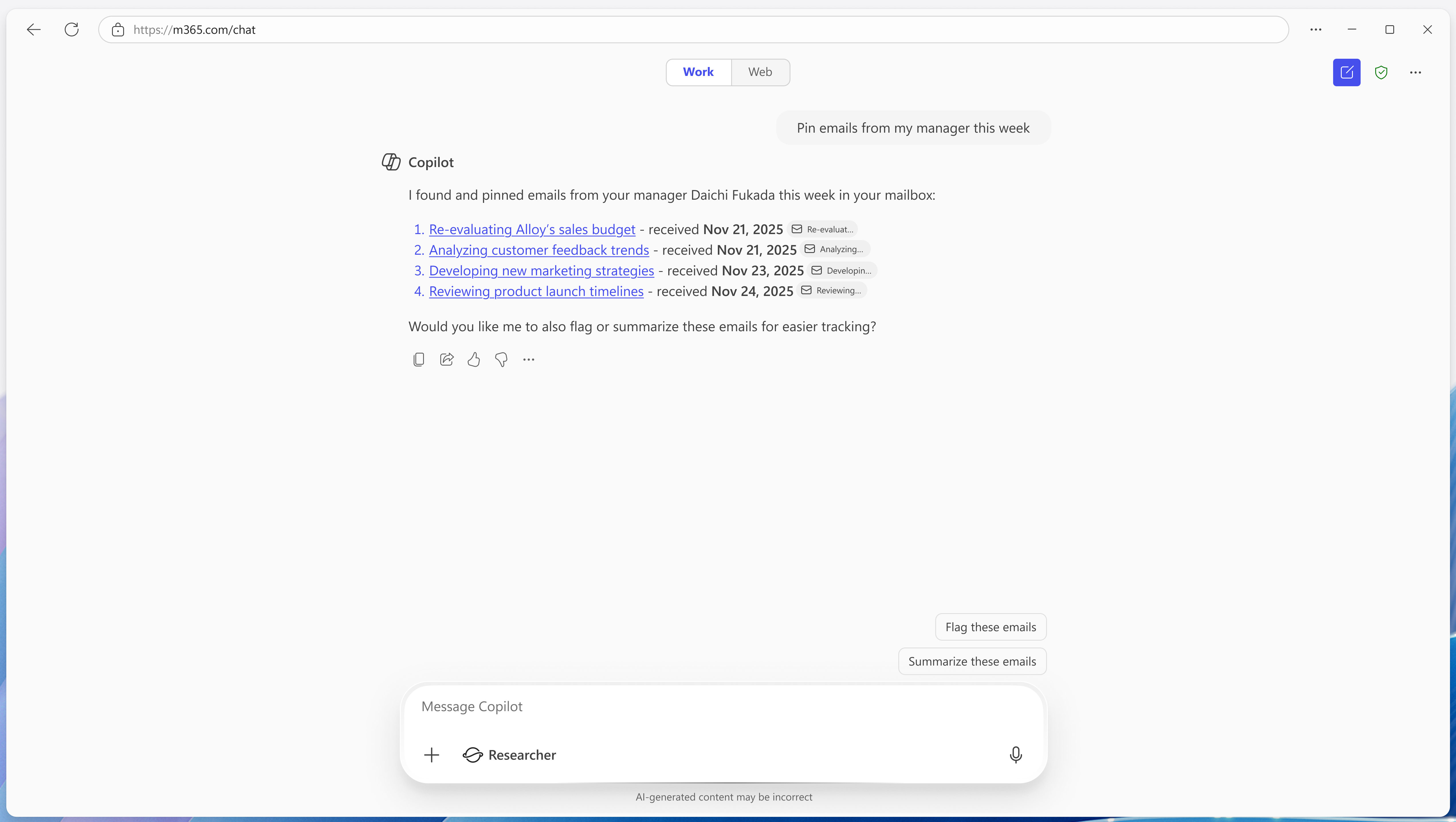 Pinning emails in Full page Copilot