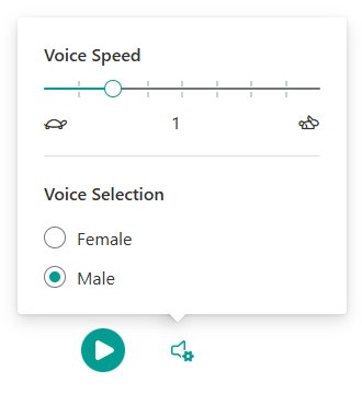 Voice settings with the Voice Speed slider set to 1 and Male selected.