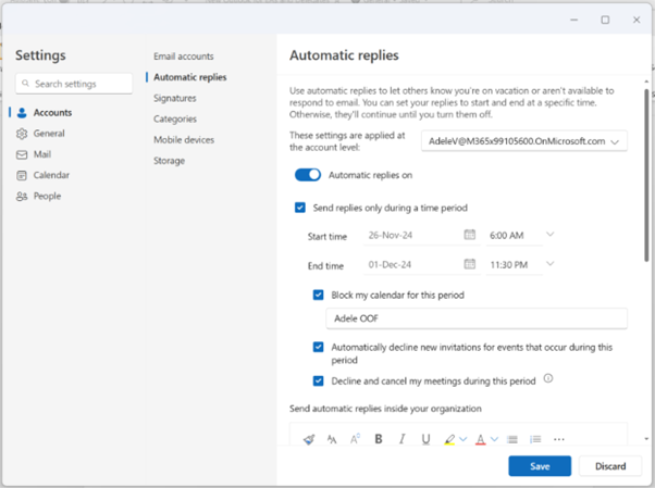 Screenshot shows setting up out of office