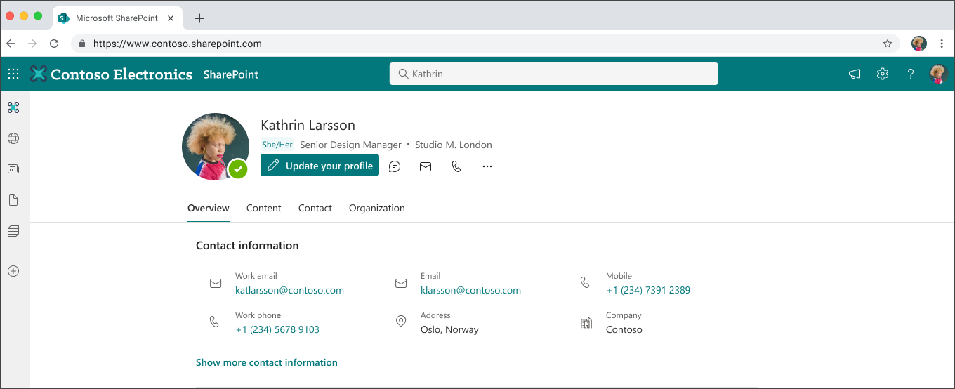 Screenshot that shows the Profile card on SharePoint.