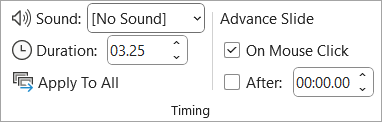 The Timing group on the Transitions tab.