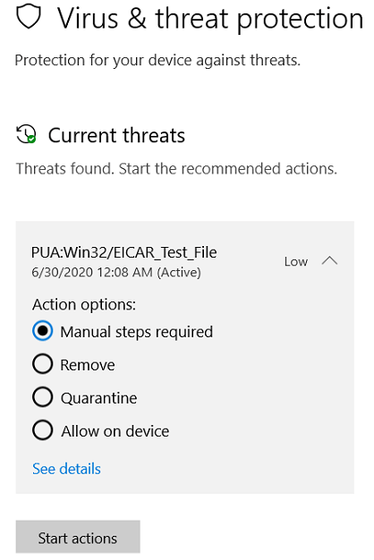 The actions you can take when Windows Security has detected a potentially unwanted app.