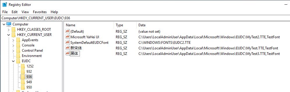 Registry Editor EUDC key showing custom font file mappings