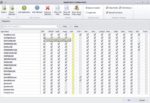 EMET Application Configuration window listing mitigation settings for applications