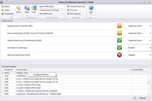 Enhanced Mitigation Experience Toolkit status window showing mitigation states