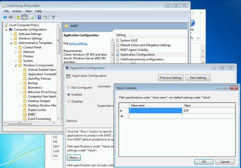 Local Group Policy Editor EMET Application Configuration dialog