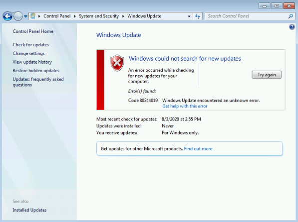 Error code 80244019