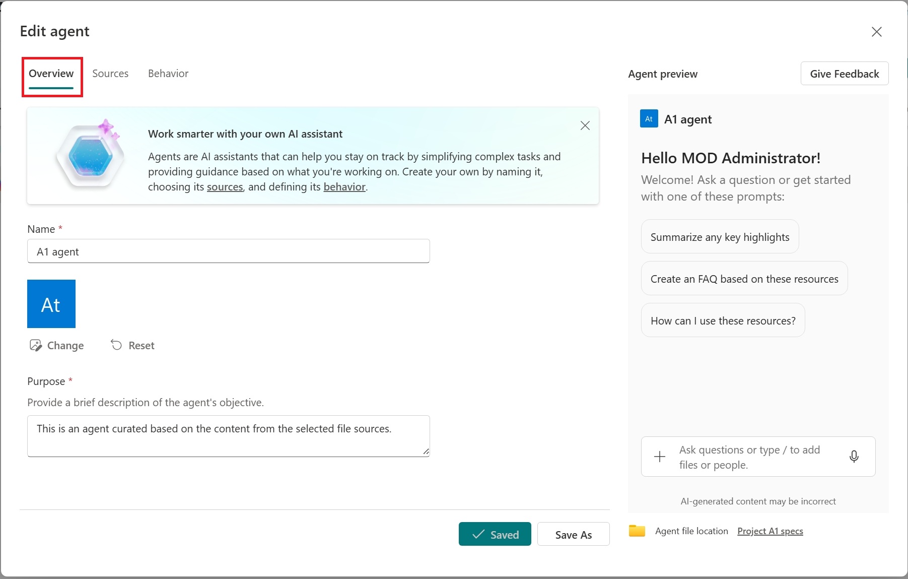Edit agent dialog on the Overview tab, with fields for the agent name, icon, and purpose and an agent preview.
