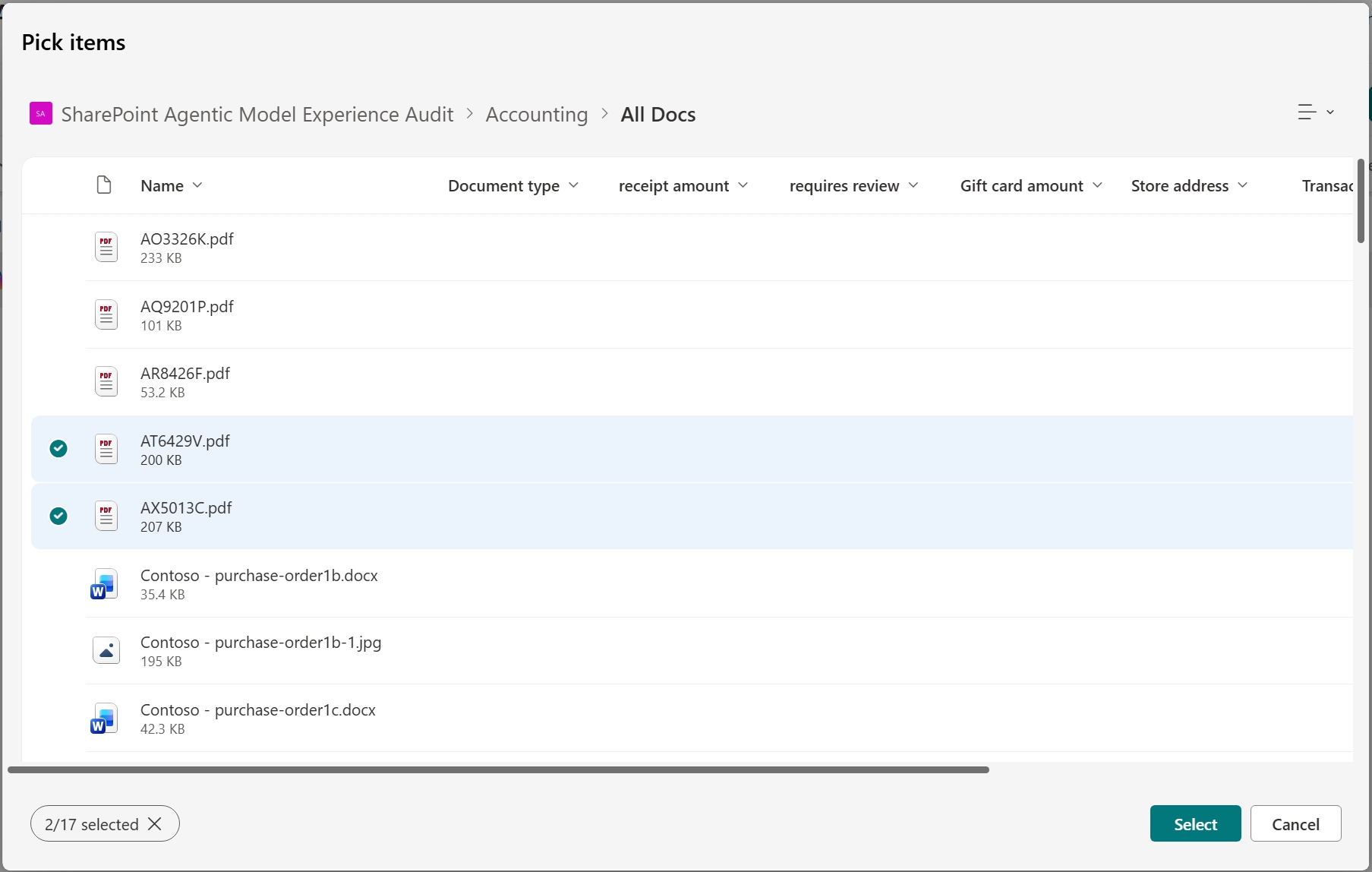 SharePoint source picker for selecting sites, libraries, lists, pages, folders, and files for an agent.