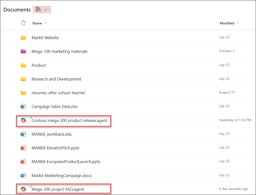 Agent file saved in the SharePoint document library folder where the agent was created.