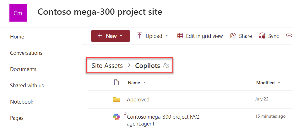Copilots folder in Site Assets containing agent files created from the SharePoint site home page.