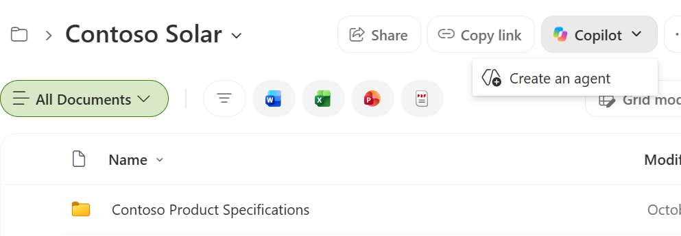 Copilot menu in a SharePoint document library with Create an agent highlighted.