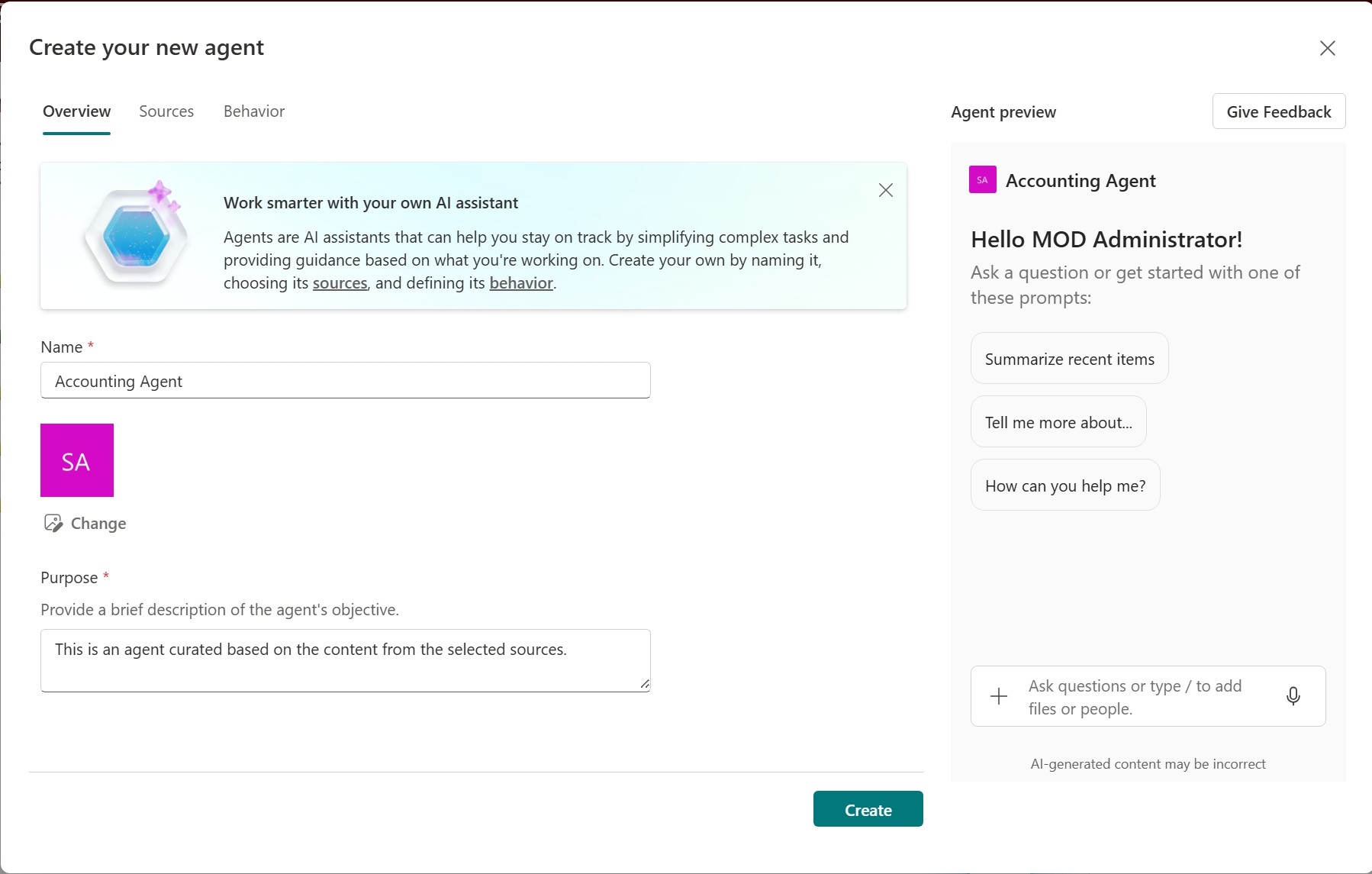 Create your new agent dialog with Overview, Sources, and Behavior tabs, an agent preview, and the Create button.