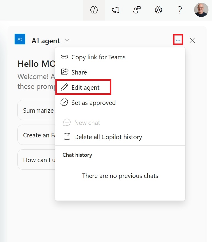SharePoint agent menu with Edit agent highlighted.